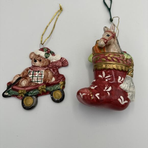 Lot of 2 Fitz & Floyd Christmas Ornament Stocking Horse 2002 & Teddy Wagon 1992 - Picture 1 of 12